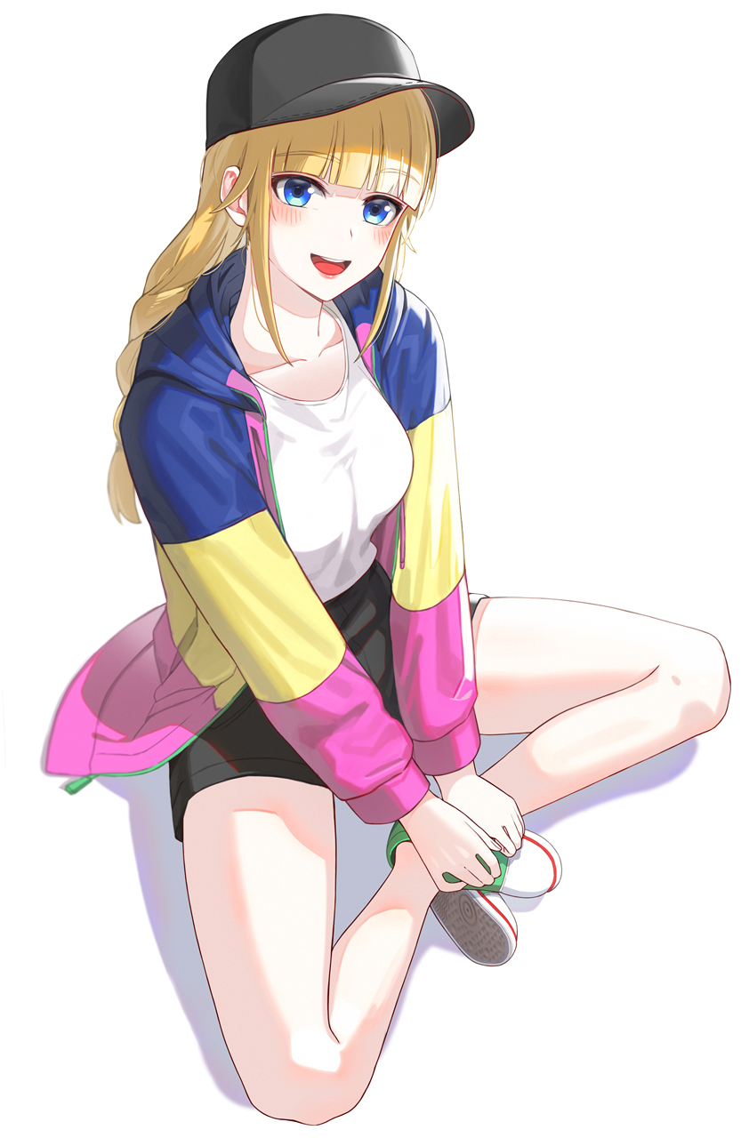 1girl bangs black_headwear black_shorts blonde_hair blue_eyes blunt_bangs blush braid breasts commentary_request eyebrows_visible_through_hair full_body hat highres indian_style jacket kfr long_hair long_sleeves looking_at_viewer medium_breasts multicolored_clothes multicolored_jacket open_mouth paripi_koumei shirt shoes shorts simple_background sitting smile solo teeth tsukimi_eiko upper_teeth white_background white_footwear white_shirt