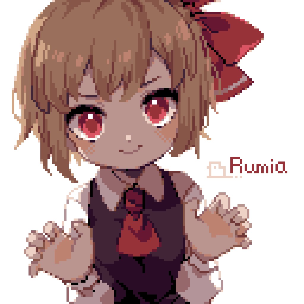 1girl ahiru_tokotoko ascot bangs blonde_hair character_name closed_mouth collared_shirt hair_ribbon long_sleeves looking_at_viewer pixel_art red_ascot red_eyes ribbon rumia shirt short_hair signature simple_background smile solo touhou upper_body white_background