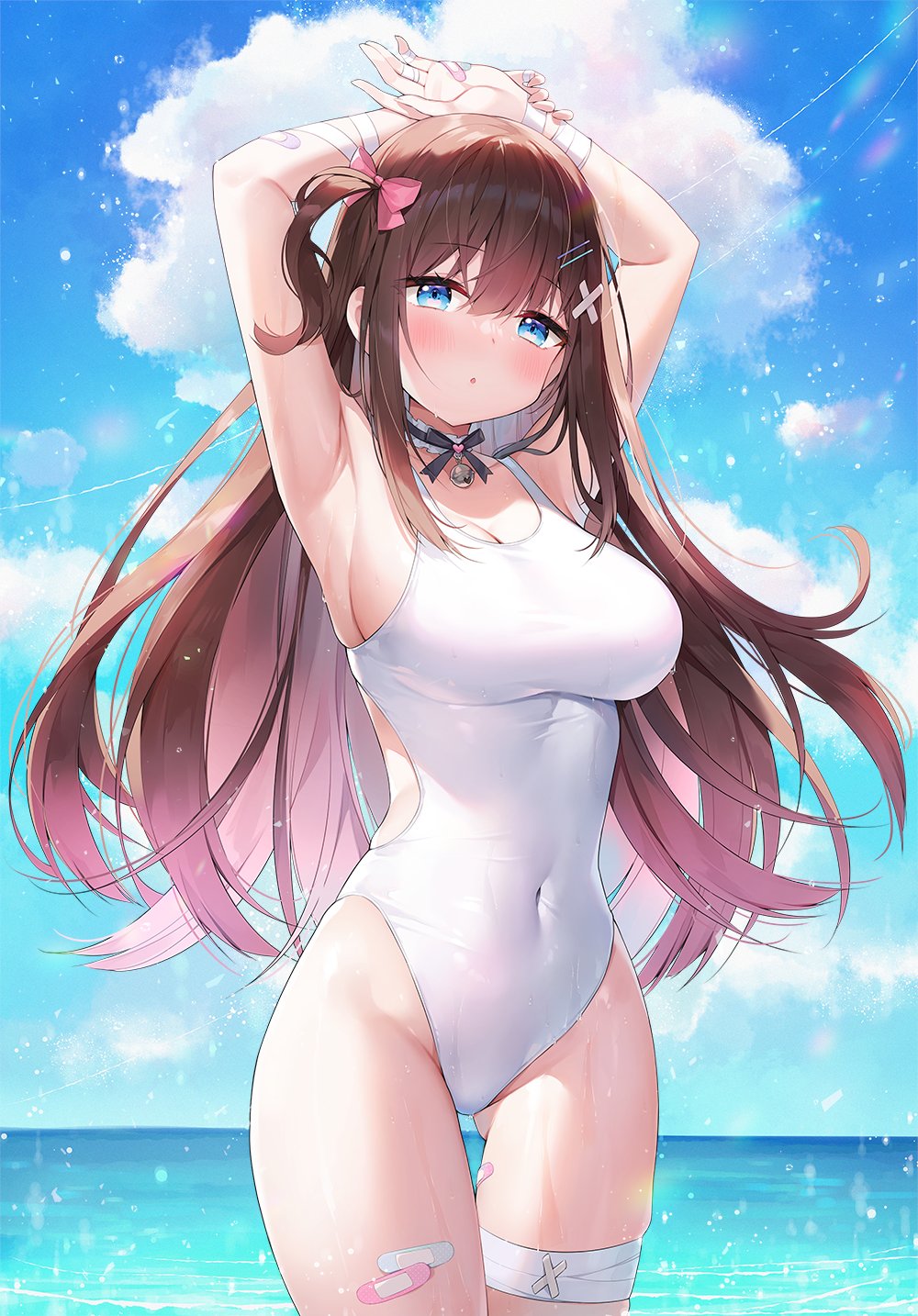 1girl :o armpits arms_behind_head arms_up ass_visible_through_thighs ayamy ayamy_(vtuber) bandaged_leg bandages bandaid bare_arms bare_shoulders bell black_choker bow breasts brown_hair choker clouds covered_navel cowboy_shot day groin hair_bow hair_ornament hairclip highleg highleg_swimsuit highres impossible_clothes impossible_swimsuit indie_virtual_youtuber jingle_bell large_breasts one-piece_swimsuit one_side_up outdoors parted_lips side_cutout sideboob skindentation solo standing swimsuit taut_clothes taut_swimsuit thigh_gap thighs virtual_youtuber wet white_swimsuit