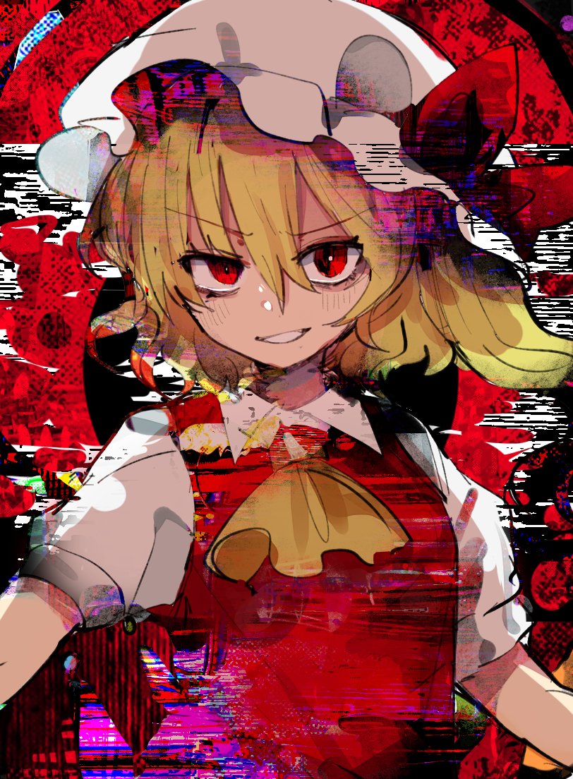 1girl ascot bangs blonde_hair bow flandre_scarlet flower grin hair_between_eyes hat hat_bow hat_ribbon kujikimi looking_at_viewer mob_cap puffy_short_sleeves puffy_sleeves red_background red_eyes red_vest ribbon shirt short_sleeves slit_pupils smile solo touhou upper_body vest white_headwear white_shirt wings