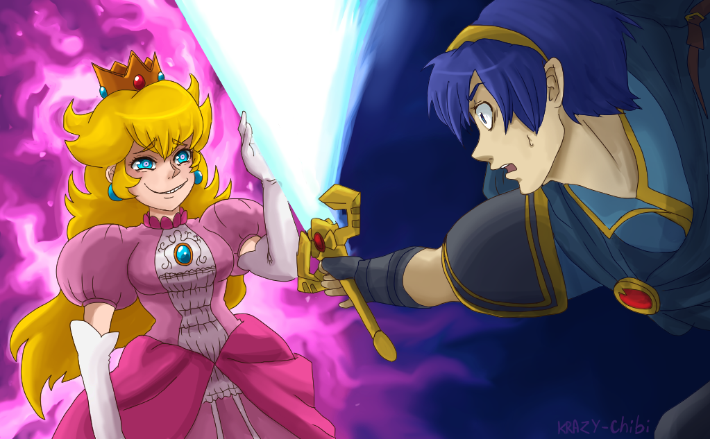 1boy 1girl blonde_hair blue_armor blue_cape blue_eyes blue_hair blue_shirt bright_pupils cape catching_sword comedy crown derivative_work dress elbow_gloves fire gloves krazy-chibi long_hair looking_at_another marth_(fire_emblem) pink_dress princess_peach purple_fire screencap_redraw shirt smirk smug super_smash_bros. sweatdrop sword weapon white_gloves white_pupils