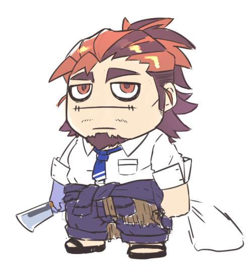 1boy bags_under_eyes boogeyman_(housamo) brown_hair chibi commentary_request facial_hair goatee katoributa_a long_sideburns male_focus mature_male multicolored_hair necktie red_eyes scar scar_on_face school_uniform sideburns solo tokyo_afterschool_summoners two-tone_hair