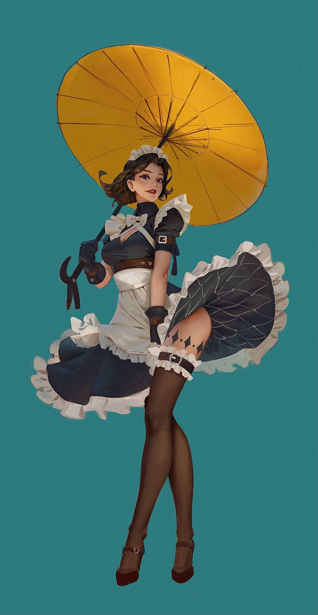 1girl black_footwear black_gloves blue_background breasts brown_eyes brown_hair cleavage_cutout clothing_cutout collar commentary_request ericga full_body gloves grey_legwear high_heels highres holding holding_umbrella lips maid maid_headdress medium_breasts medium_hair original parted_lips shoes short_sleeves simple_background smile solo standing thigh-highs umbrella
