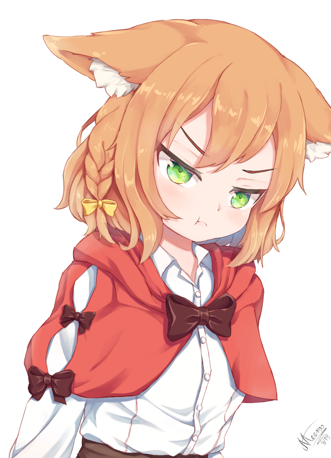 &gt;:( :t angry animal_ears braid capelet green_eyes hood hood_down hooded_capelet long_sleeves meemo orange_hair original pout red_capelet rina_(meemo) shirt short_hair v-shaped_eyebrows white_shirt wolf_ears