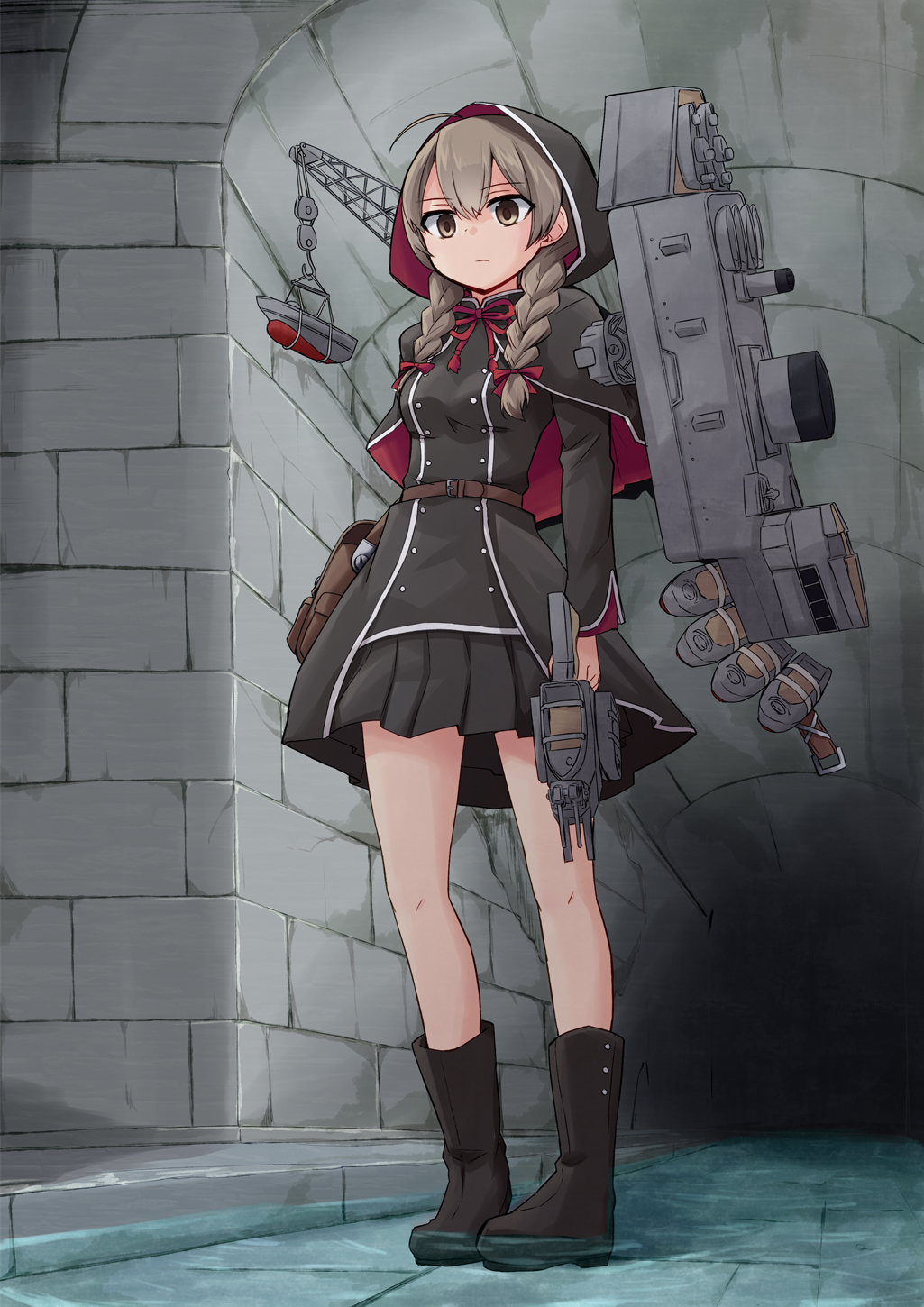 1girl adapted_turret belt black_capelet black_dress black_footwear braid breasts brown_belt brown_hair cannon capelet commission dress highres hood hood_up hooded_capelet kakizaki_(chou_neji) kantai_collection large_breasts long_hair machinery pleated_dress sewer shinshuu_maru_(kancolle) skeb_commission solo tunnel turret twin_braids