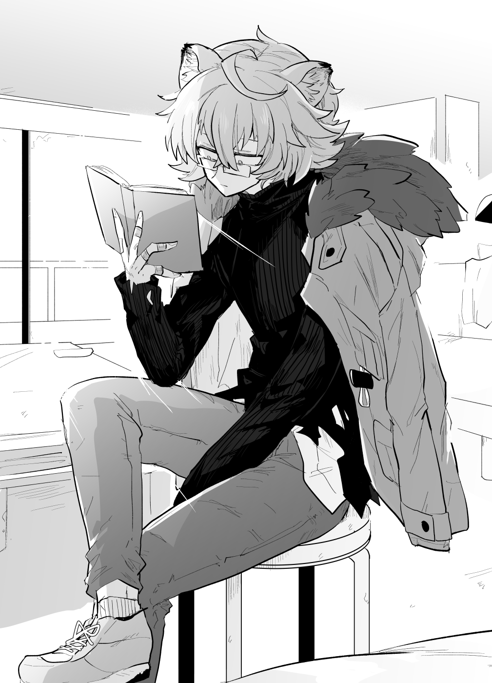 1boy ahoge animal_ears arknights bandaid bandaid_on_hand bear_boy bear_ears bishounen book crossed_legs fur_collar glasses hand_up highres indoors iwashi_80 jacket jaye_(arknights) male_focus monochrome reading short_hair sitting solo stool sweater turtleneck turtleneck_sweater