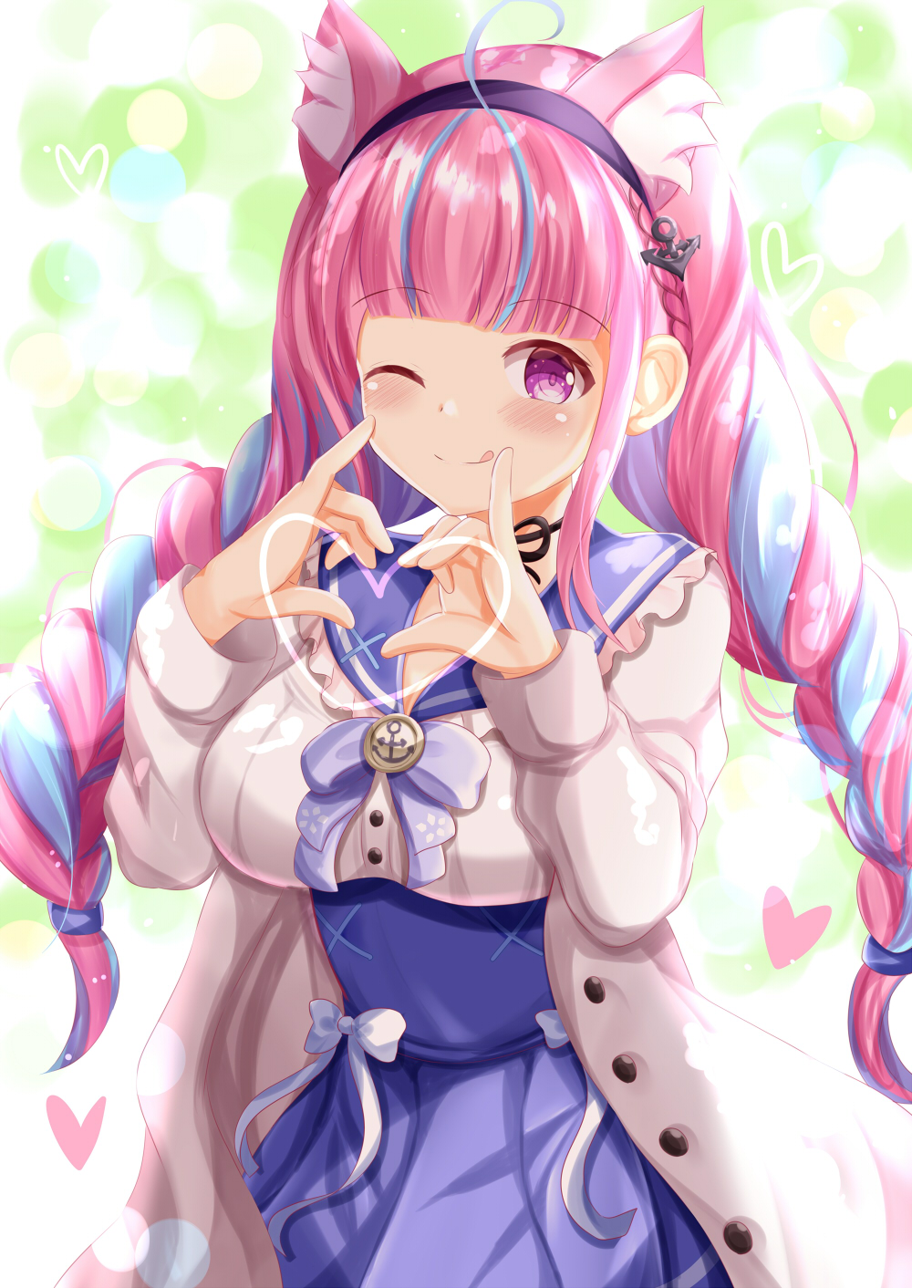 1girl ;q ahoge anchor_hair_ornament anchor_symbol animal_ear_fluff animal_ears bangs blue_bow blue_hair blue_sailor_collar blue_skirt blush bow braid breasts cat_ears closed_mouth commentary_request eyebrows_visible_through_hair frilled_sailor_collar frills hair_ornament hairband hands_up heart heart_hands highres hololive jacket long_hair long_sleeves looking_at_viewer medium_breasts minato_aqua multicolored_hair one_eye_closed open_clothes open_jacket pink_hair pleated_skirt puffy_long_sleeves puffy_sleeves purple_hairband sailor_collar shirt skirt smile solo streaked_hair tongue tongue_out twin_braids twintails two-tone_hair very_long_hair violet_eyes white_jacket white_shirt zenon_(for_achieve)