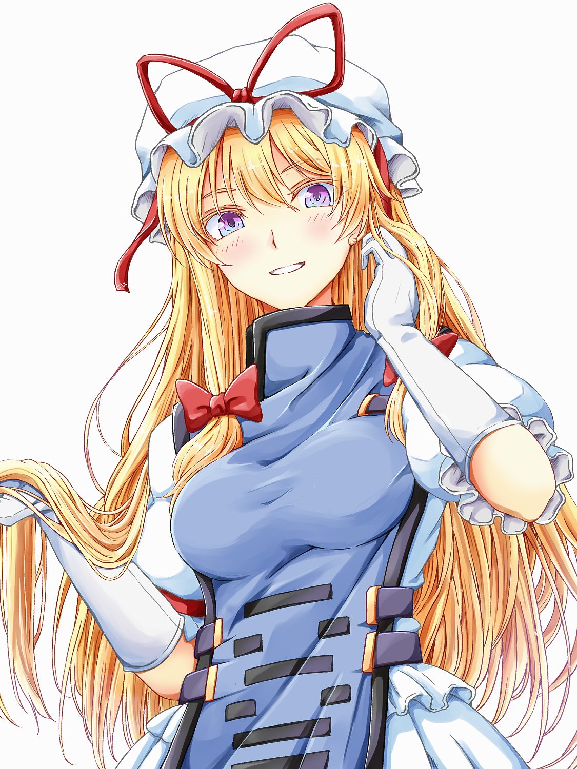1girl blonde_hair blue_tabard blush breasts commentary_request dress frilled_sleeves frills from_below gloves hand_in_own_hair hat hat_ribbon highres large_breasts long_hair looking_at_viewer looking_down mob_cap open_mouth puffy_short_sleeves puffy_sleeves red_ribbon ribbon short_sleeves simple_background solo tamasan touhou very_long_hair violet_eyes white_background white_dress white_gloves white_headwear yakumo_yukari