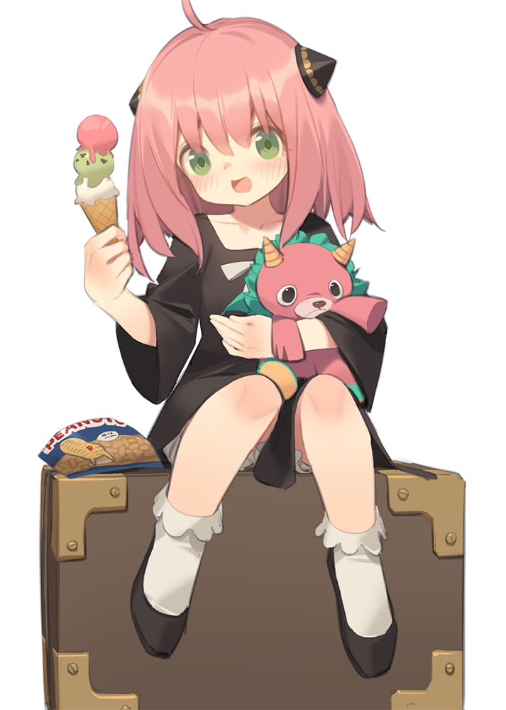 1girl :d ahoge anya_(spy_x_family) bag bangs black_dress black_footwear bloomers blush bobby_socks commentary_request director_chimera_(spy_x_family) dress eyebrows_behind_hair food green_eyes hair_between_eyes holding holding_food ice_cream ice_cream_cone kildir long_sleeves looking_at_viewer object_hug pink_hair shoes simple_background sitting smile socks solo spy_x_family stuffed_animal stuffed_toy triple_scoop underwear white_background white_bloomers white_legwear wide_sleeves