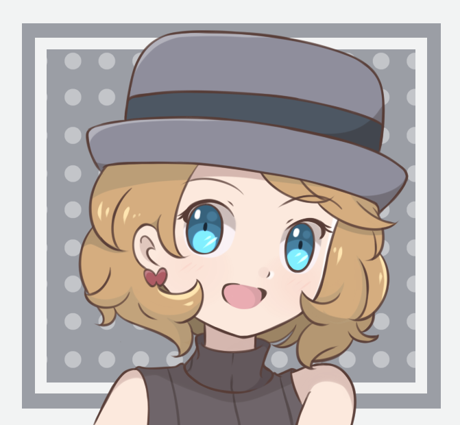 1girl black_shirt blonde_hair blush border chocomiru commentary eyewear_removed hat looking_at_viewer pokemon pokemon_(game) pokemon_xy polka_dot polka_dot_background serena_(pokemon) shirt short_hair skirt sleeveless smile solo upper_body white_border