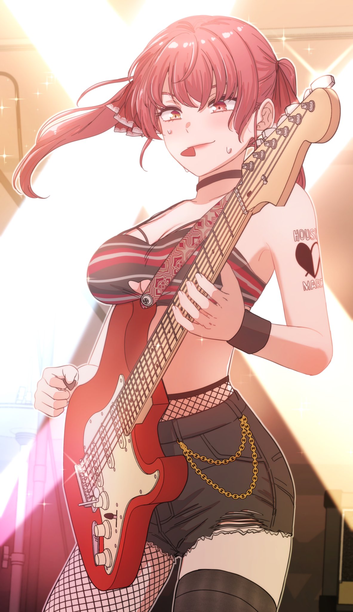 1girl arm_tattoo breasts character_name choker cowboy_shot fishnet_legwear fishnets guitar hair_between_eyes heart heart_tattoo heterochromia highres holding holding_instrument holding_plectrum hololive houshou_marine instrument jangmaseason looking_at_viewer medium_breasts pantyhose plectrum red_eyes redhead shorts single_thighhigh solo sweat tattoo thigh-highs twintails virtual_youtuber yellow_eyes