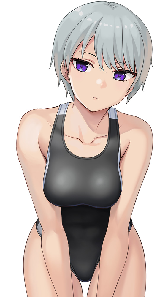 1girl bangs black_swimsuit breasts closed_mouth collarbone competition_swimsuit cowboy_shot expressionless eyebrows_visible_through_hair grey_hair hashi leaning_forward legs_apart looking_at_viewer medium_breasts one-piece_swimsuit original short_hair simple_background solo swimsuit violet_eyes white_background