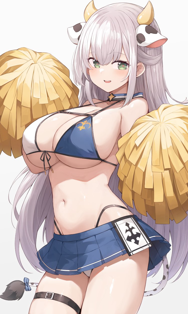 1girl animal_ears breasts chest_strap cow_ears green_eyes highres hololive huge_breasts long_hair mole mole_on_breast mou_tama_maru pom_pom_(cheerleading) shirogane_noel skirt solo swimsuit thigh_strap virtual_youtuber