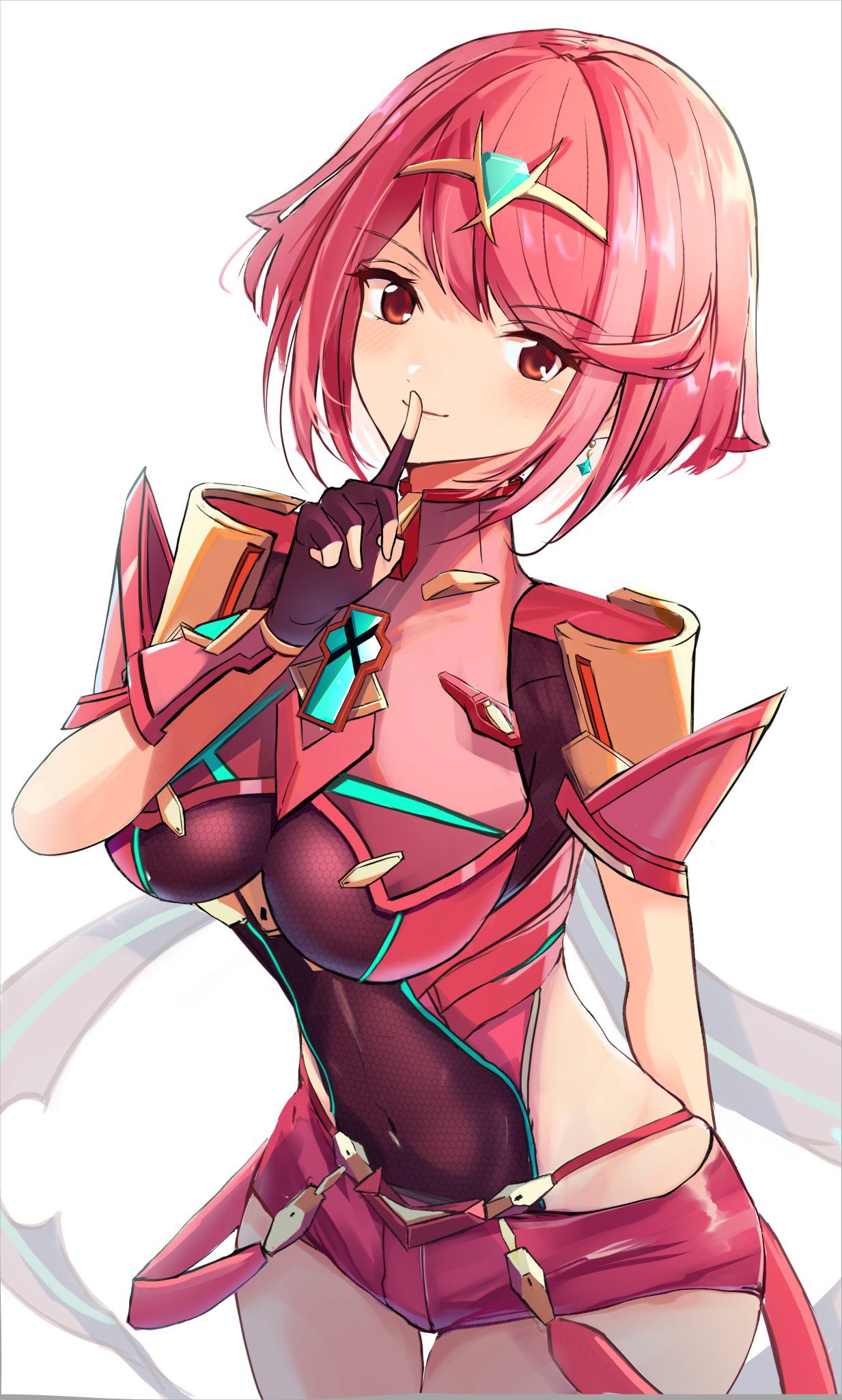 1girl bangs black_gloves breasts chest_jewel earrings fingerless_gloves gloves highres jewelry karuushi large_breasts pyra_(xenoblade) red_eyes red_legwear red_shorts redhead short_hair short_shorts shorts solo swept_bangs thigh-highs tiara xenoblade_chronicles_(series) xenoblade_chronicles_2