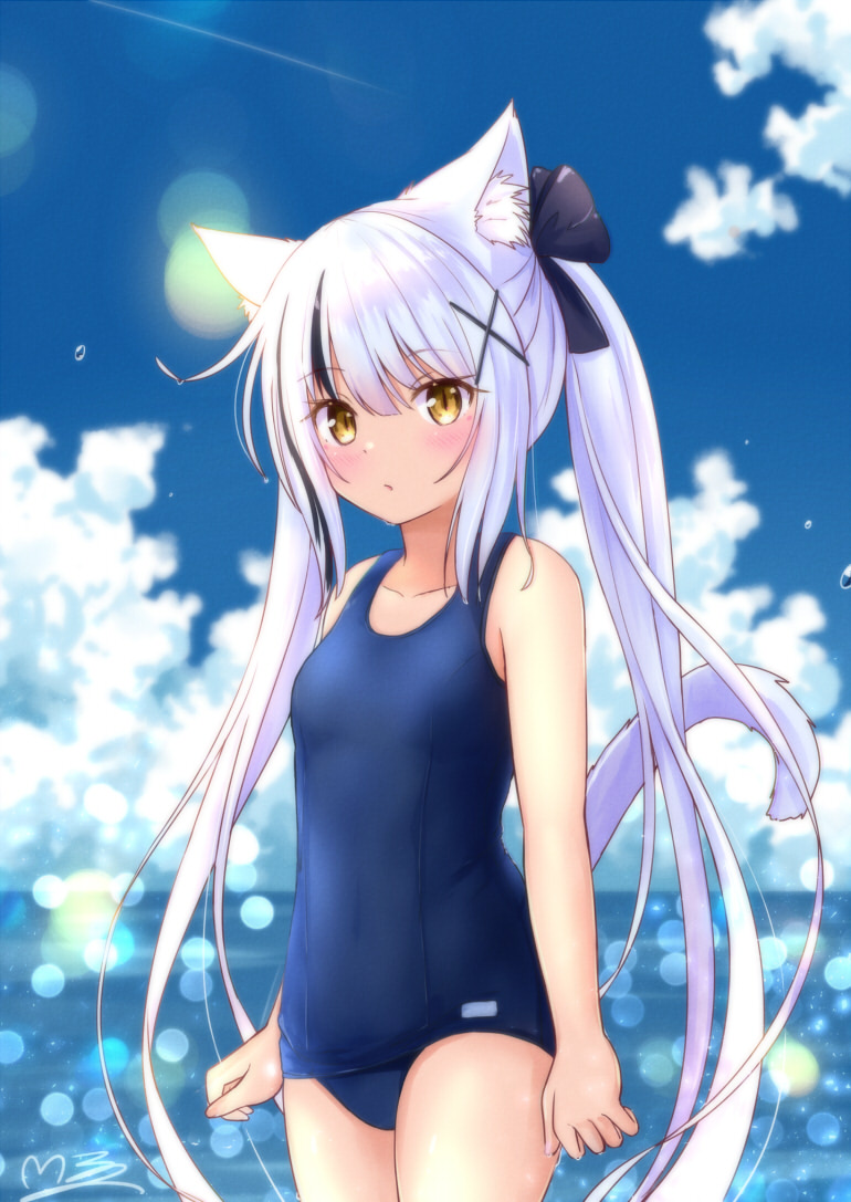 1girl animal_ears bangs bare_arms bare_shoulders black_bow black_hair blue_sky blue_swimsuit blush bow breasts brown_eyes cat_ears cat_girl cat_tail closed_mouth clouds cloudy_sky collarbone commentary_request cowboy_shot day eyebrows_visible_through_hair hair_between_eyes hair_bow hair_ornament horizon long_hair looking_at_viewer m_ko_(maxft2) multicolored_hair ocean old_school_swimsuit original outdoors school_swimsuit signature sky small_breasts solo standing streaked_hair swimsuit tail twintails very_long_hair water wet white_hair x_hair_ornament