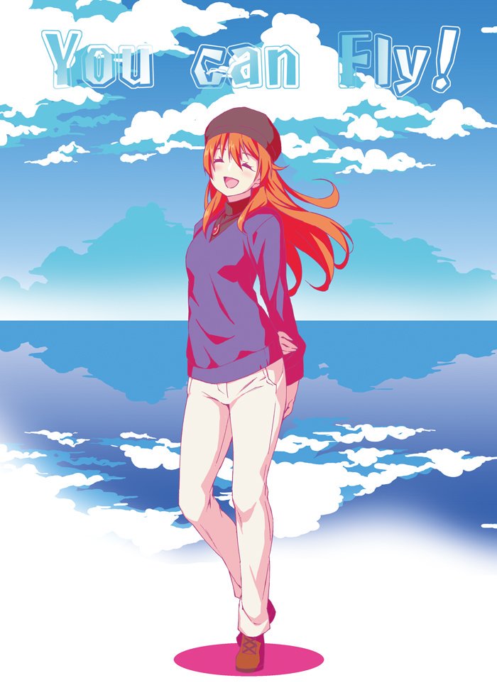 1girl bangs beret blue_sky closed_eyes clouds cloudy_sky commentary_request english_text female_singer_(love_live!) full_body hat jewelry katoryu_gotoku long_hair love_live! love_live!_school_idol_project love_live!_the_school_idol_movie necklace ocean orange_hair pants sidelocks sky smile solo standing white_pants