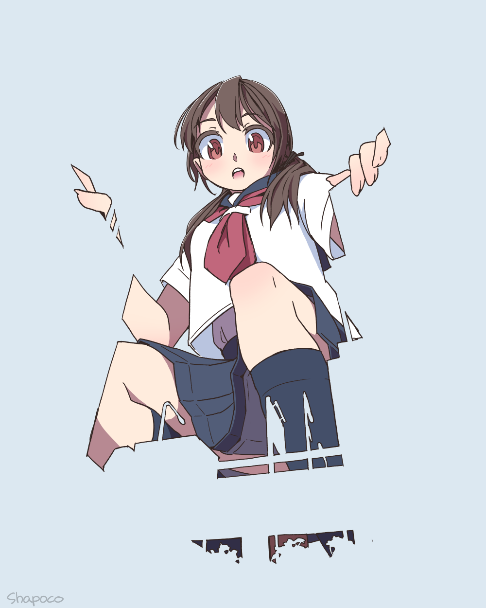 1girl :o artist_name bangs black_legwear brown_eyes brown_hair from_below giant giantess grey_background grey_sailor_collar grey_skirt hair_over_shoulder highres kneehighs looking_at_viewer low_twintails neckerchief open_mouth original perspective pleated_skirt red_eyes red_neckerchief sailor_collar school_uniform serafuku shapoco shirt short_sleeves skirt solo squatting twintails twitter_username white_shirt