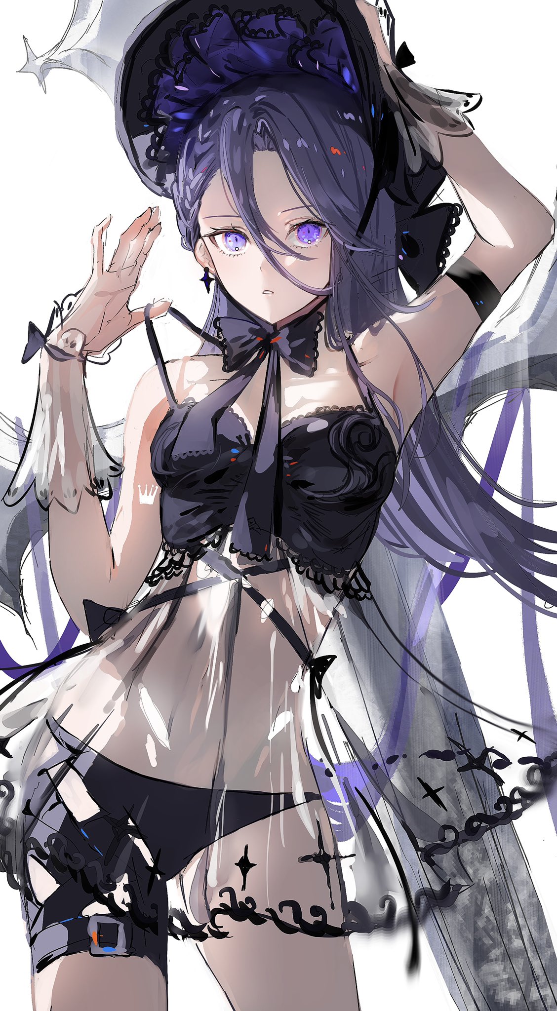 1girl armband babydoll bow bowtie braid cowboy_shot earrings hand_on_headwear hat highres jewelry leg_belt long_hair looking_at_viewer nanaponi original panties parted_lips sleeveless solo strap_pull underwear violet_eyes white_background