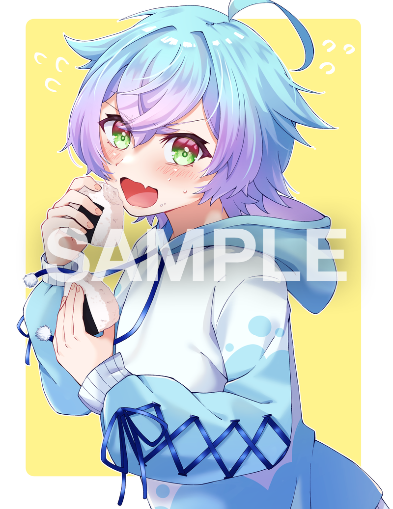 1boy blue_hair eating food green_background green_eyes hood hoodie indie_virtual_youtuber linechu long_sleeves looking_at_viewer male_focus multicolored_hair onigiri open_mouth sample_watermark short_hair virtual_youtuber wavy_hair white_background yume_kawa_yume