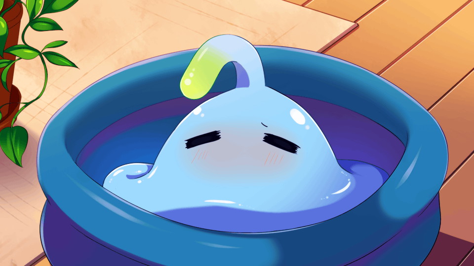 1girl ahoge artist_request blue_skin blue_slime blush bucket colored_skin game_cg in_bucket in_container monster_girl monster_musume_no_iru_nichijou monster_musume_no_iru_nichijou_online official_art sleeping slime_(creature) slime_girl solo suu_(monster_musume) tentacle_hair