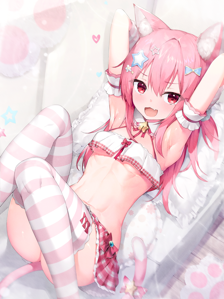 1girl animal_ear_fluff animal_ears armpits arms_up bangs blue_bow blush bow breasts cat_ears cat_girl cat_tail commentary_request crop_top eyebrows_visible_through_hair fang feet_out_of_frame frilled_pillow frills hair_between_eyes hair_bow hair_ornament heart knees_up looking_at_viewer lying navel on_back original pillow pink_hair plaid plaid_skirt pleated_skirt red_eyes red_skirt rekareka skirt small_breasts solo star_(symbol) star_hair_ornament striped striped_legwear tail thigh-highs