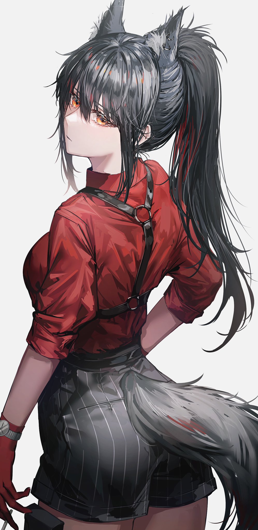 1girl akqne animal_ears arknights bangs black_hair breasts eyebrows_behind_hair eyebrows_visible_through_hair gloves hair_between_eyes highres long_hair looking_at_viewer looking_back ponytail red_gloves shirt shorts solo tail texas_(arknights) texas_(willpower)_(arknights) wolf_ears wolf_girl wolf_tail yellow_eyes