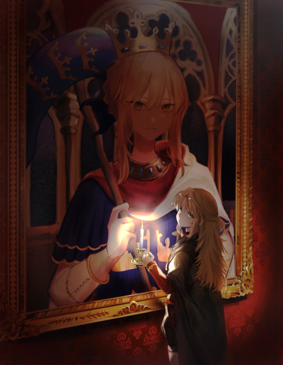 2girls ahoge artoria_pendragon_(fate) blonde_hair crown fate/stay_night fate_(series) faux_traditional_media fine_art fine_art_parody green_eyes hair_bun highres king_arthur_(mythology) long_hair looking_at_viewer mordred_(fate) multiple_girls nigiri painterly painting_(object) parody picture_frame