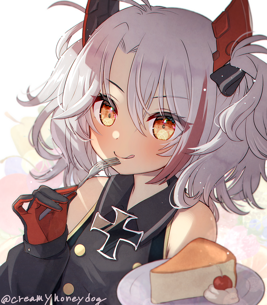 1girl azur_lane bangs bare_shoulders black_ribbon buttons cheesecake commentary_request cross detached_sleeves double-breasted eyebrows_visible_through_hair food fork gloves grey_hair hair_ribbon headgear holding holding_fork iron_cross licking_lips little_prinz_eugen_(azur_lane) looking_at_viewer medium_hair multicolored_hair orange_eyes parted_bangs prinz_eugen_(azur_lane) redhead ribbon shindoi_akio short_twintails solo streaked_hair tongue tongue_out twintails twitter_username younger