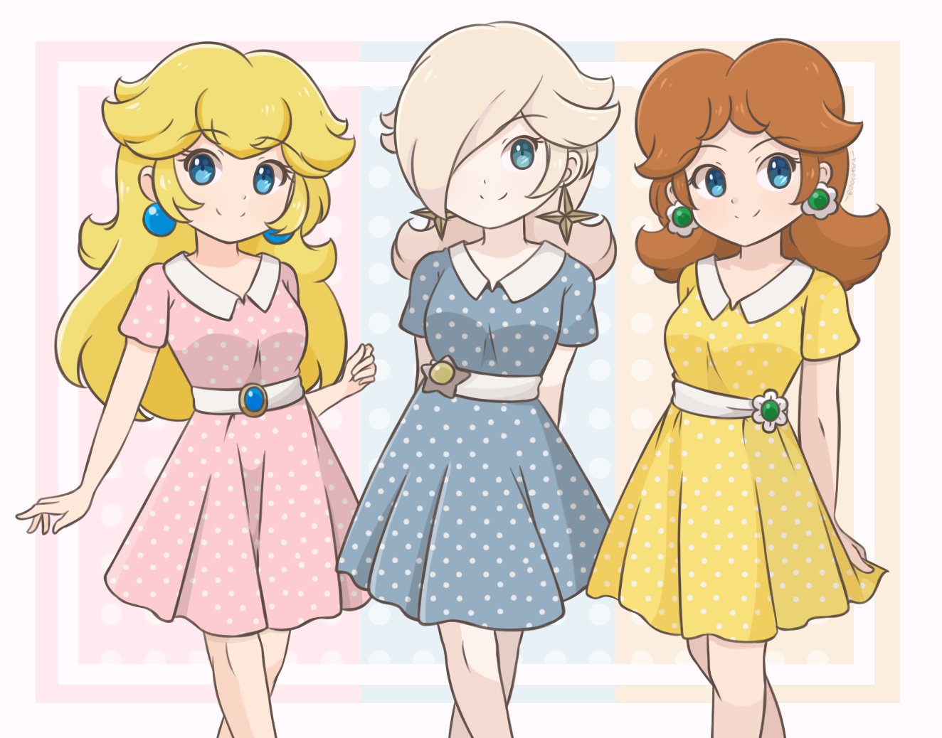 3girls alternate_costume artist_name blue_dress blue_eyes casual chocomiru closed_mouth crown crown_removed dress earrings eyebrows_visible_through_hair jewelry long_hair looking_at_viewer multiple_girls pink_dress polka_dot polka_dot_background princess_daisy princess_peach smile super_mario_bros. super_mario_galaxy super_mario_galaxy_2 super_smash_bros. yellow_dress