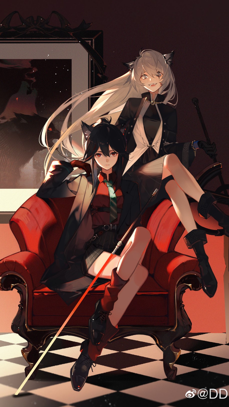 2girls :d animal_ear_fluff animal_ears arknights armchair black_coat black_footwear black_gloves black_hair black_shorts boots bracelet breasts chair checkered_floor closed_mouth coat collared_shirt crossed_legs gloves green_necktie grey_eyes grey_hair highres holding holding_sword holding_weapon indoors jewelry knee_boots lappland_(arknights) lappland_(refined_horrormare)_(arknights) leg_warmers long_hair long_sleeves looking_at_viewer medium_breasts multiple_girls necktie open_clothes open_coat open_mouth painting_(object) ponytail red_eyes red_gloves red_shirt scar scar_across_eye scar_on_face shirt shorts sidelocks smile striped striped_necktie striped_shorts sword texas_(arknights) texas_(willpower)_(arknights) tochigi_1990 vertical-striped_shorts vertical_stripes very_long_hair weapon wolf_ears
