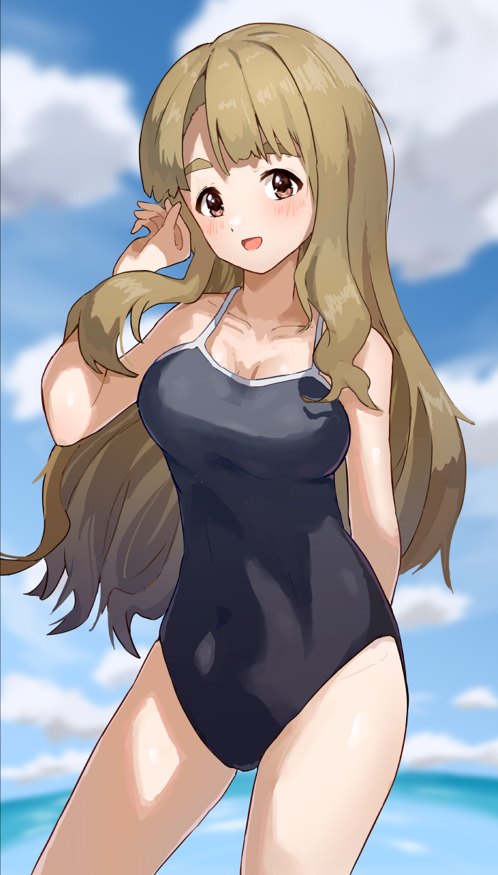 1girl black_swimsuit blue_sky breasts brown_eyes brown_hair clouds collarbone competition_school_swimsuit cowboy_shot ebifu highres idolmaster idolmaster_million_live! large_breasts long_hair looking_at_viewer miyao_miya school_swimsuit sky solo standing swimsuit thick_eyebrows