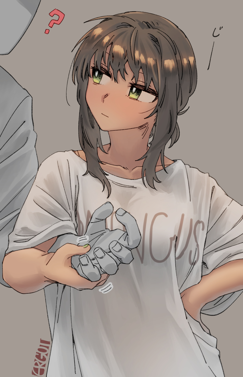 1boy 1girl ? alternate_costume bangs brown_hair clothes_writing english_commentary engrish_commentary ergot faceless faceless_male fubuki_(kancolle) green_eyes green_nails grey_background hair_between_eyes hand_on_hip highres kantai_collection looking_to_the_side nail_polish shirt simple_background t-shirt upper_body white_shirt