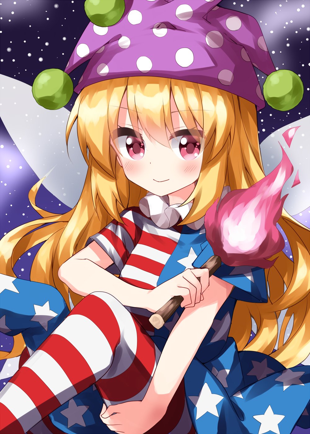 1girl american_flag_dress american_flag_legwear blonde_hair blush clownpiece dress fairy_wings fire frilled_shirt_collar frills hat highres jester_cap light_smile long_hair looking_at_viewer moon pantyhose polka_dot ruu_(tksymkw) short_sleeves sky solo star_(sky) star_(symbol) starry_sky striped striped_legwear touhou very_long_hair wings