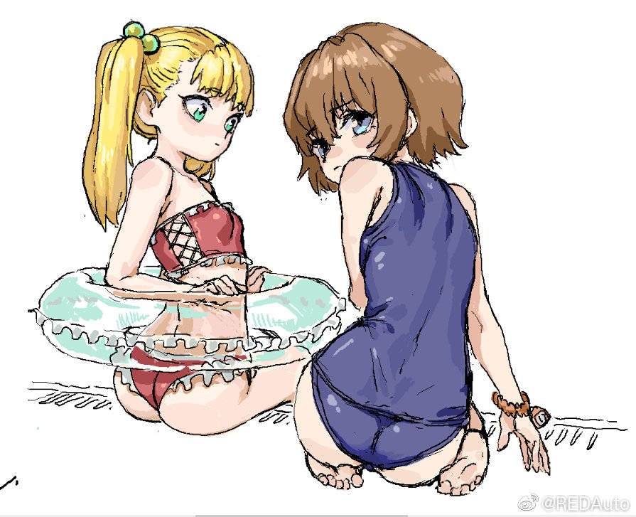2girls aqua_eyes ass bare_shoulders barefoot bikini blonde_hair blue_swimsuit breasts brown_hair check_copyright copyright_request cross-laced_bikini cross-laced_clothes green_eyes hair_bobbles hair_ornament innertube long_hair looking_at_viewer looking_back multiple_girls oekaki original red_bikini redauto seiza short_hair sitting sketch small_breasts swimsuit twintails