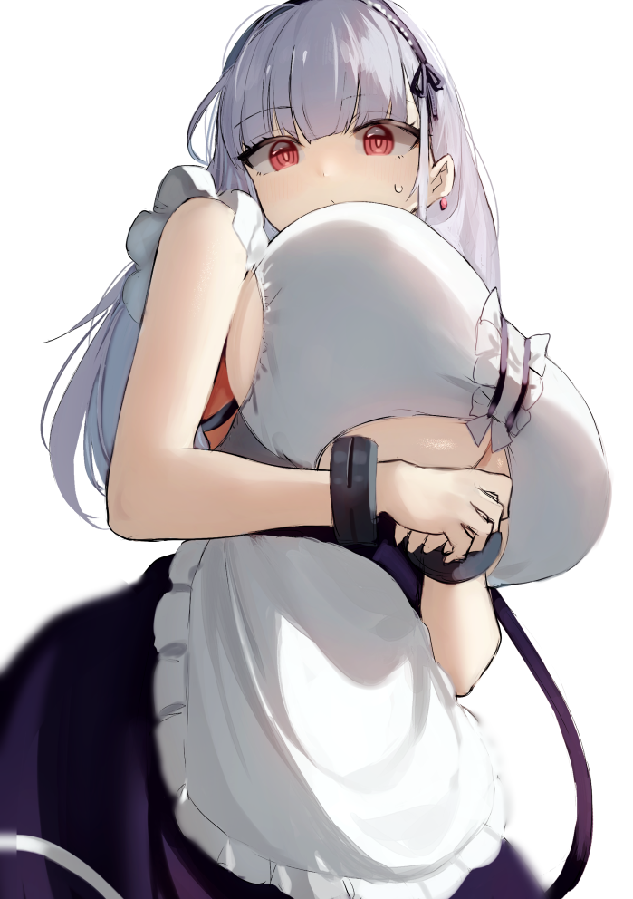 1girl apron azur_lane bangs bare_arms bare_shoulders black_dress black_ribbon blunt_bangs breasts center_frills clothing_cutout dido_(azur_lane) dress earrings eyebrows eyebrows_visible_through_hair frilled_apron frilled_dress frills from_below headband huge_breasts jewelry large_breasts light_purple_hair looking_at_viewer looking_down red_eyes ribbon simple_background sleeveless sleeveless_dress solo suminagashi two-tone_dress under_boob underboob_cutout waist_apron white_apron white_background white_dress