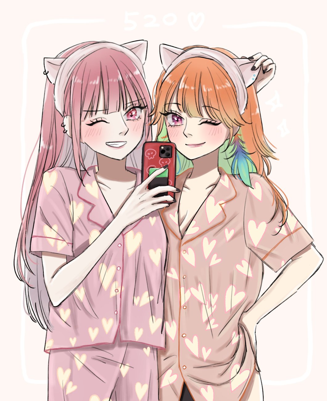 alternate_costume bangs breasts cellphone earrings feather_earrings feathers gradient_hair highres holding holding_phone hololive hololive_english jewelry mori_calliope multicolored_hair orange_hair outstretched_arm pajamas phone pink_hair pink_pajamas sein_025 selfie sleepwear smartphone smile takanashi_kiara taking_picture virtual_youtuber yuri