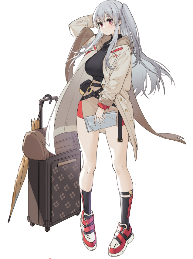 1girl arm_up bangs belt black_belt black_legwear black_shirt breasts brown_coat buttons coat full_body grey_hair hair_between_eyes holding kurumi_(recycllamo) long_sleeves looking_at_viewer luggage miniskirt open_clothes open_coat original pouch red_eyes shirt shoes sidelocks simple_background skirt sneakers socks solo standing turtleneck umbrella white_background