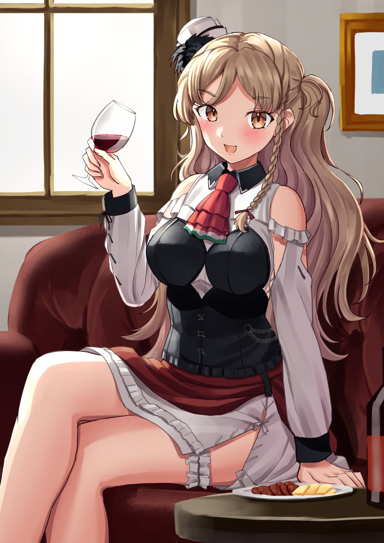 1girl alcohol anchor armpits ascot bare_shoulders blonde_hair blush bodice bottle braid breasts brown_eyes cheese cleavage_cutout clothing_cutout corset couch cup drink drinking_glass food french_braid ham hat kantai_collection layered_skirt leg_garter long_hair looking_at_viewer mayura2002 medium_breasts mini_hat miniskirt open_mouth plate portrait_(object) red_ascot shirt shoulder_cutout side_braid sitting skirt solo table tilted_headwear wavy_hair white_shirt window wine wine_bottle wine_glass zara_(kancolle) zara_due_(kancolle)