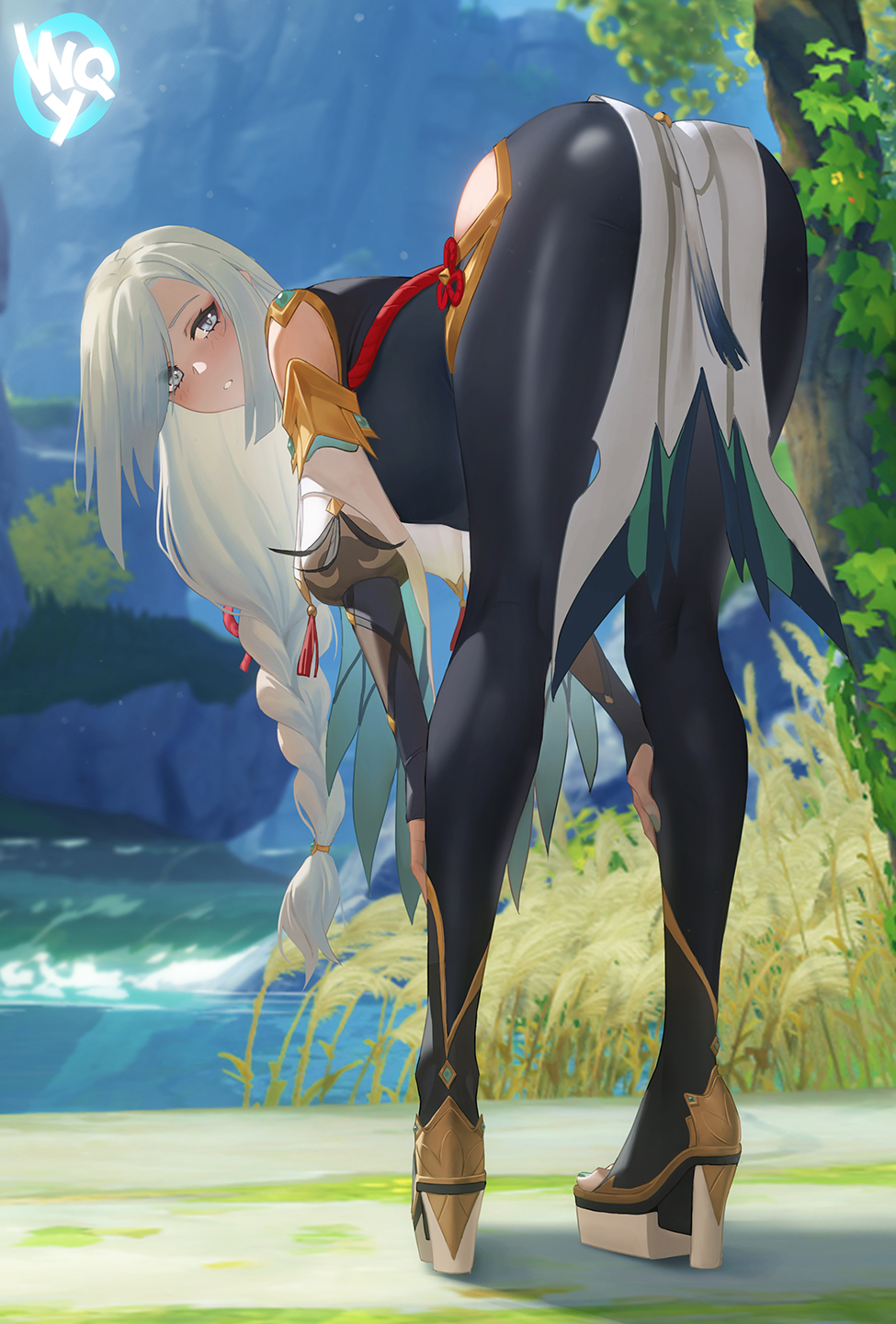 :o ass bangs bare_shoulders bent_over black_bodysuit black_footwear blue_eyes blush bodysuit braid breasts cliff day detached_sleeves from_behind genshin_impact hands_on_own_knees high_heels highres large_breasts legs long_hair long_sleeves looking_at_viewer looking_back outdoors parted_lips plant pond shenhe_(genshin_impact) single_braid sunlight swept_bangs tassel tree very_long_hair w.q.y water white_hair