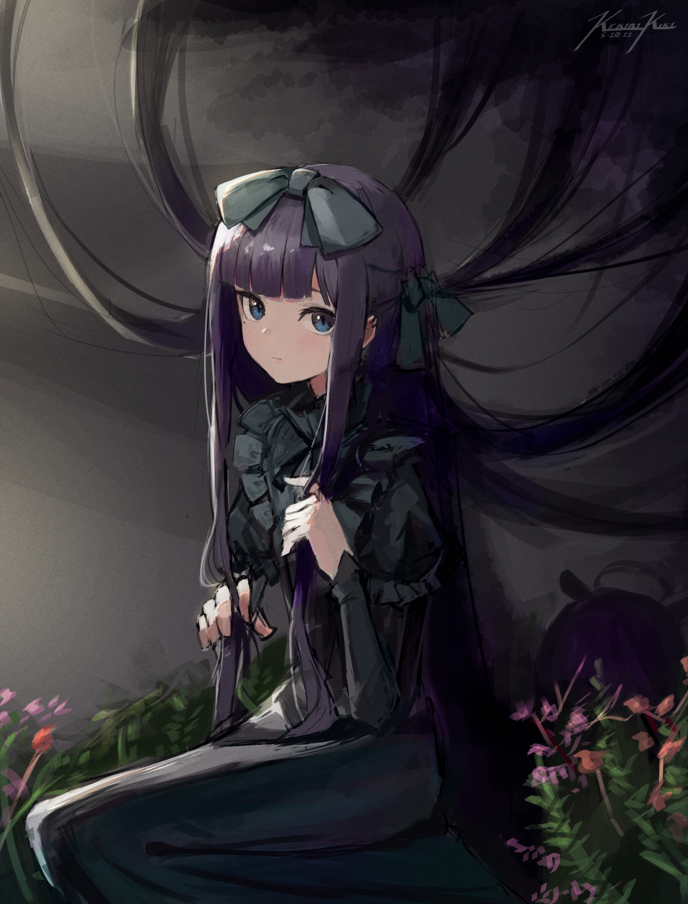 1girl bangs black_dress blue_eyes blunt_bangs bow closed_mouth creature dated dress eyebrows_behind_hair eyebrows_visible_through_hair green_bow hair_bow highres hololive hololive_english long_hair long_sleeves looking_at_viewer ninomae_ina'nis plant punished_pigeon purple_hair sidelocks signature sitting solo_focus tako_(ninomae_ina'nis) very_long_hair