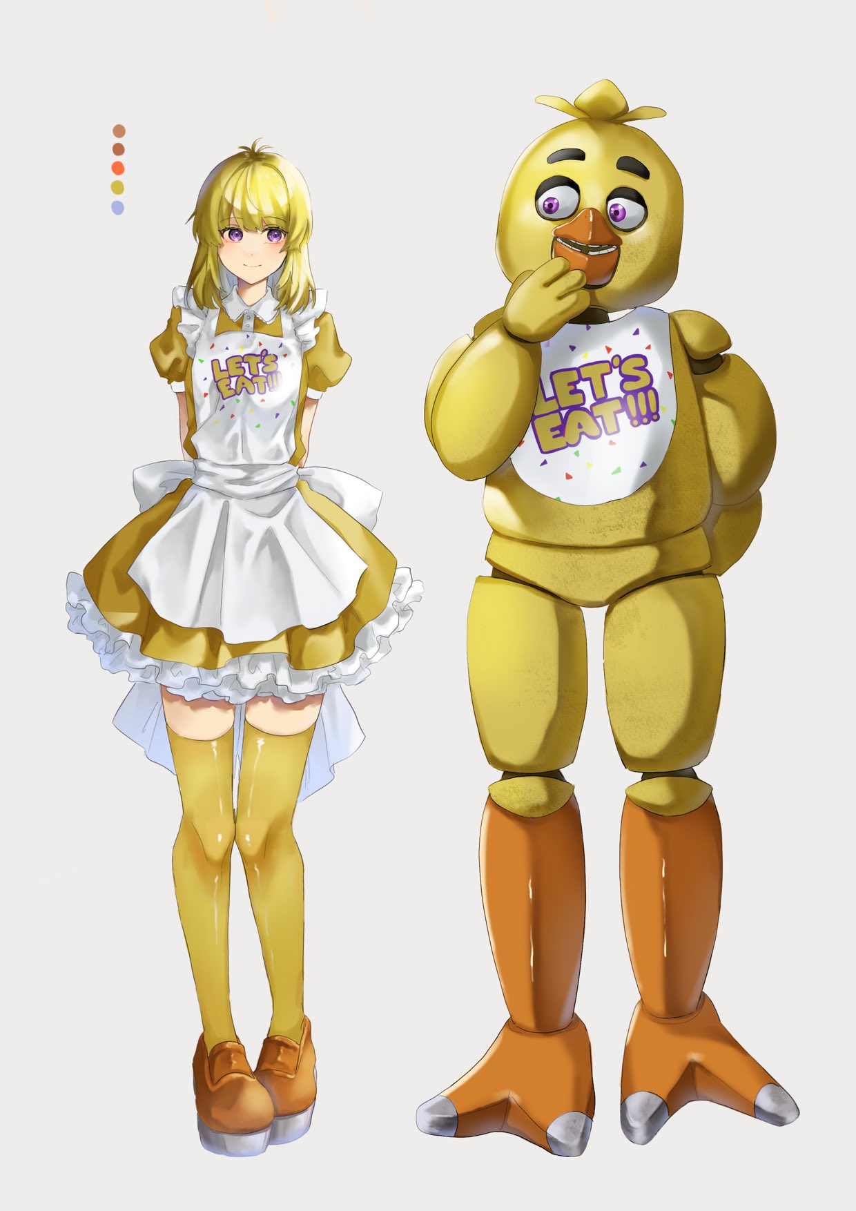 1girl animal_robot apron bib blonde_hair chica five_nights_at_freddy's furry furry_female highres maid maid_apron personification pizzanunko2 robot short_hair smile thigh-highs violet_eyes white_apron