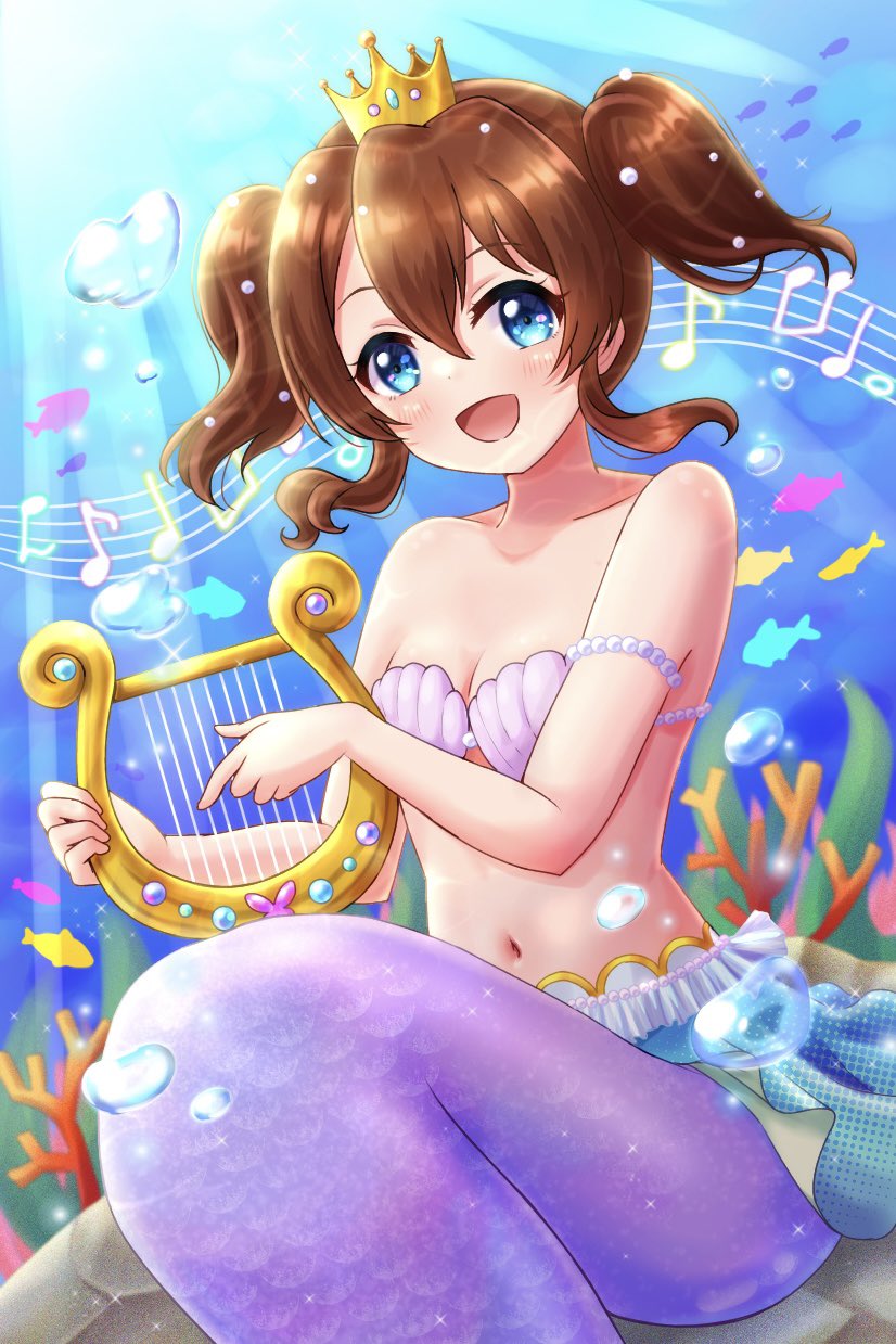 1girl :d air_bubble bare_shoulders blue_eyes blue_skirt breasts brown_hair bubble commentary crown day eyebrows_visible_through_hair fish hair_between_eyes harp highres holding holding_instrument instrument konoe_haruka looking_at_viewer love_live! love_live!_school_idol_festival mermaid mini_crown miniskirt monster_girl music musical_note navel off_shoulder playing_instrument ritaso rock shell shell_bikini short_hair short_twintails sidelocks sitting skirt small_breasts smile solo sunlight twintails underwater