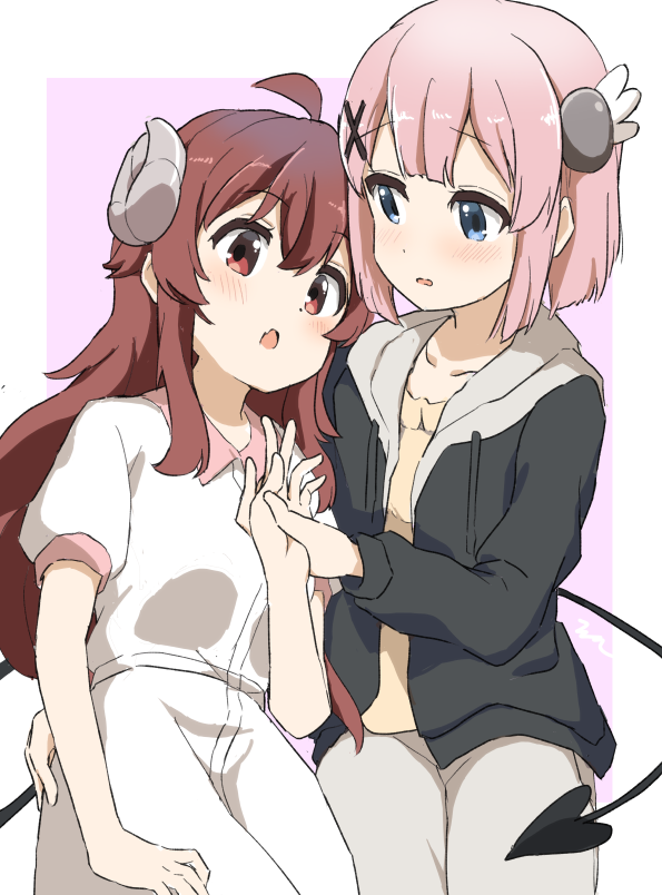 2girls aayh ahoge bangs black_jacket blue_eyes blush brown_eyes brown_hair brown_shirt chiyoda_momo collarbone collared_dress commentary_request curled_horns demon_girl demon_horns demon_tail drawstring dress eye_contact eyebrows_visible_through_hair fang grey_pants hair_between_eyes hair_ornament hood hood_down hooded_jacket horns jacket long_hair looking_at_another machikado_mazoku multiple_girls open_clothes open_jacket open_mouth pants parted_lips pink_background pink_hair puffy_short_sleeves puffy_sleeves shirt short_sleeves tail two-tone_background very_long_hair white_background white_dress x_hair_ornament yoshida_yuuko_(machikado_mazoku)