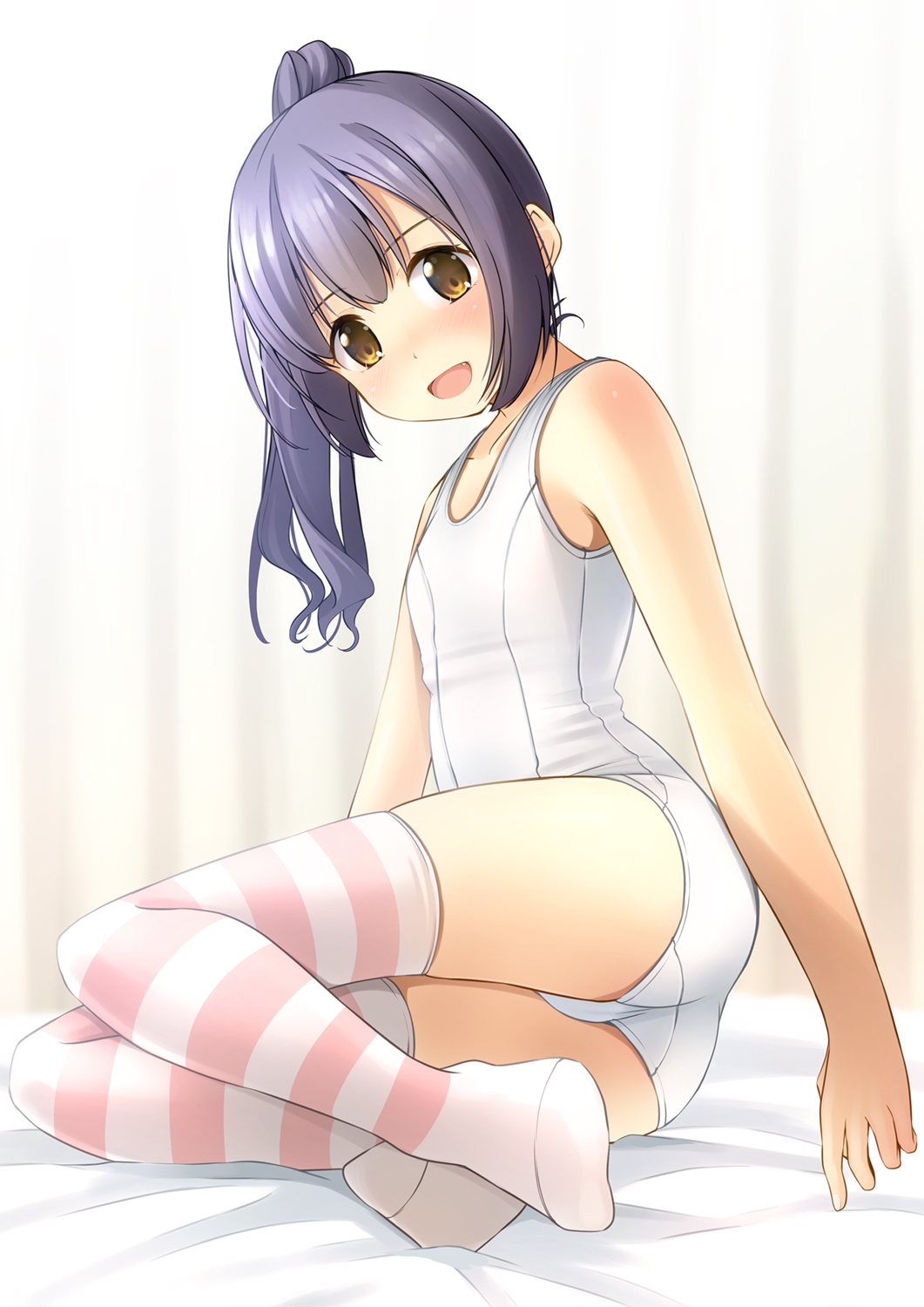 1girl :d ass bangs bare_arms bare_shoulders bed_sheet blush brown_eyes commentary_request curtains eyebrows_visible_through_hair fang full_body hair_between_eyes highres long_hair looking_at_viewer no_shoes old_school_swimsuit one-piece_swimsuit original ponytail purple_hair school_swimsuit shibacha smile solo striped striped_legwear swimsuit thigh-highs white_swimsuit