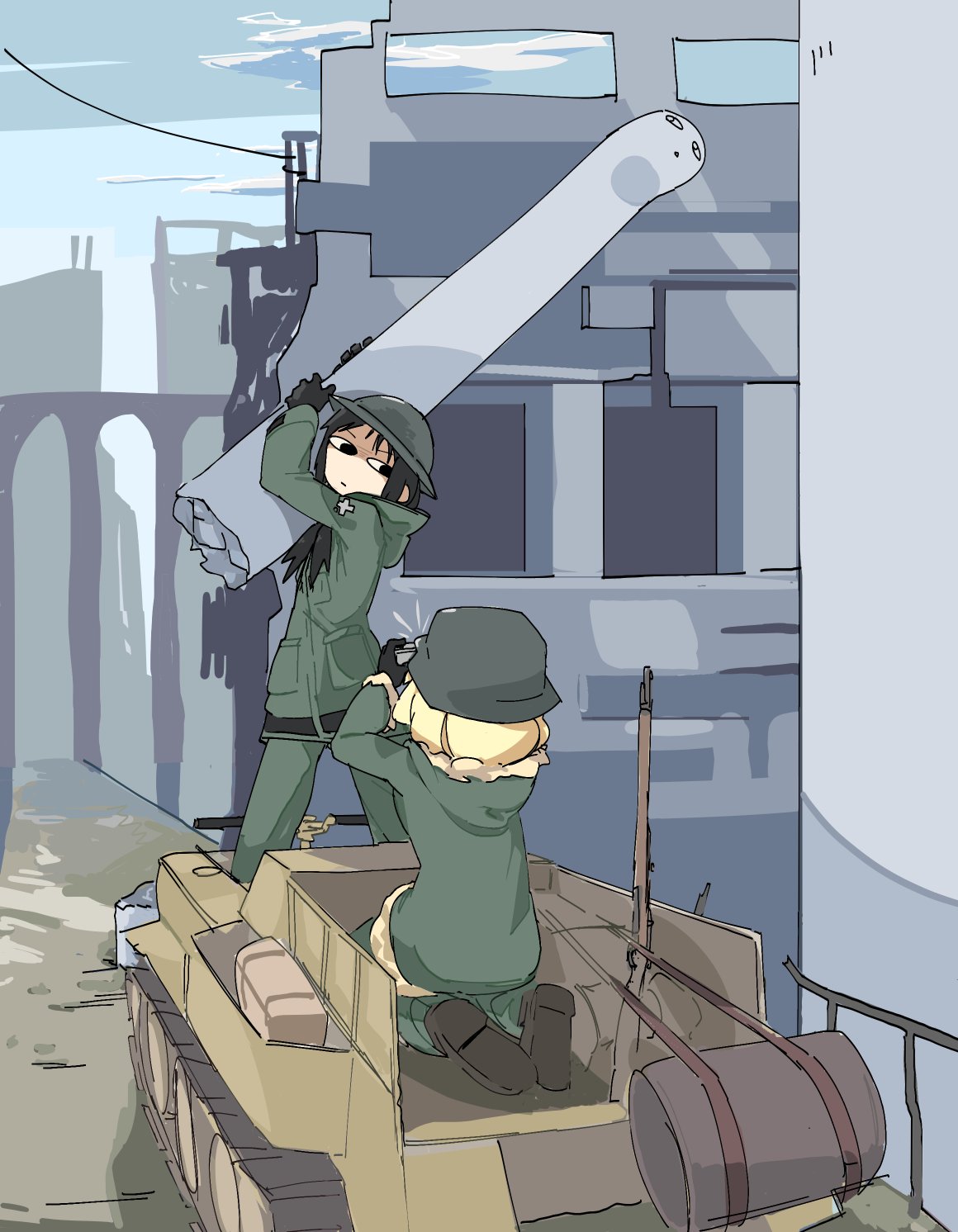 2girls black_eyes black_gloves black_hair blonde_hair camera chito_(shoujo_shuumatsu_ryokou) closed_mouth day gloves green_jacket green_pants gun helmet highres holding huneph jacket kettenkrad long_hair multiple_girls pants rifle ruins shaded_face shoes shoujo_shuumatsu_ryokou sitting standing statue taking_picture weapon wide_shot yuuri_(shoujo_shuumatsu_ryokou)