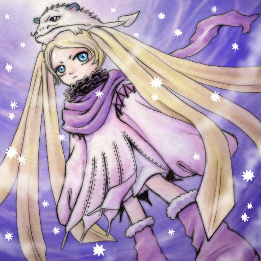 1:1_aspect_ratio blonde_hair boots clouds fanart female fur long_hair looking_at_viewer niche_(tegami_bachi) night_sky outdoors pink_dress pixiv ribbon solo standing steak_(tegami_bachi) tegami_bachi twintails wind