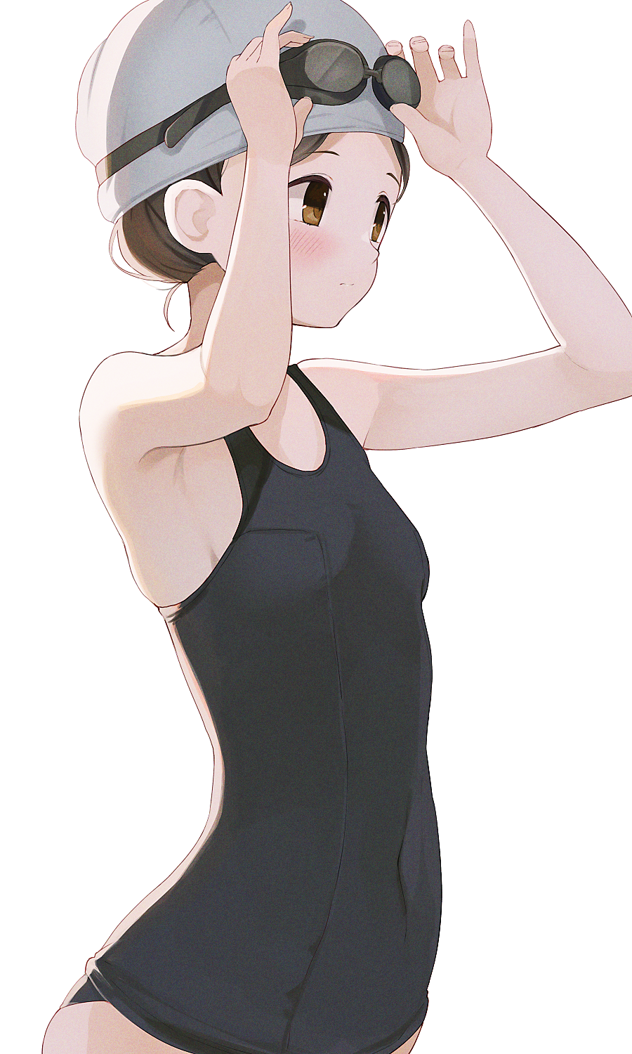 1girl armpits breasts brown_eyes brown_hair covered_navel goggles goggles_on_head highres hiroki_(yyqw7151) original school_swimsuit short_hair simple_background small_breasts solo swim_cap swimsuit white_background