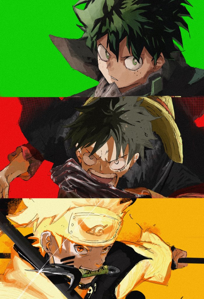 +_+ 3boys aiming_at_viewer bangs biting black_cloak black_gloves blonde_hair boku_no_hero_academia buruma charging_forward cloak coat crossover facial_mark forehead_protector freckles glint gloves green_background green_eyes hat holding holding_polearm holding_weapon konohagakure_symbol long_sleeves looking_at_viewer magatama male_focus mask_pull midoriya_izuku monkey_d._luffy mouth_hold multiple_boys multiple_crossover naruto_(series) naruto_shippuuden one_piece open_mouth orange_eyes outstretched_arm parted_lips polearm portrait red_background short_hair simple_background spiky_hair straw_hat trait_connection uzumaki_naruto weapon yellow_background yellow_coat yuki_(illust2002)