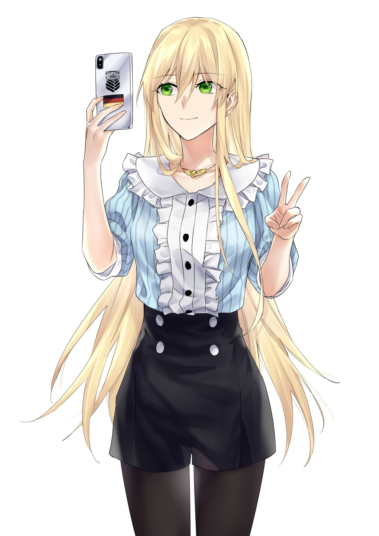 1girl alternate_costume arm_up bangs black_legwear black_skirt blonde_hair blue_shirt breasts casual cellphone closed_mouth collarbone english_commentary eyebrows_visible_through_hair feet_out_of_frame german_flag girls_frontline green_eyes griffin_&amp;_kryuger highres holding holding_phone jewelry long_hair looking_at_viewer medium_breasts necklace pantyhose phone selfie shirt skirt smartphone smile solo standing stg44_(girls'_frontline) suprii v white_background