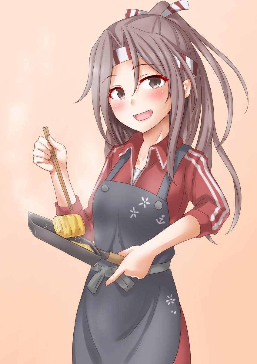 1girl anti_(untea9) apron black_apron brown_background chopsticks cooking food frying_pan gradient gradient_background grey_eyes grey_hair hachimaki headband high_ponytail highres holding holding_chopsticks jacket kantai_collection light_brown_hair long_hair looking_at_viewer omelet open_mouth pants red_jacket smile solo tamagoyaki track_jacket track_pants zuihou_(kancolle)